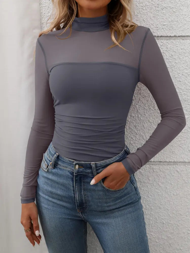 Sheer-Paneled Turtleneck Bodysuit