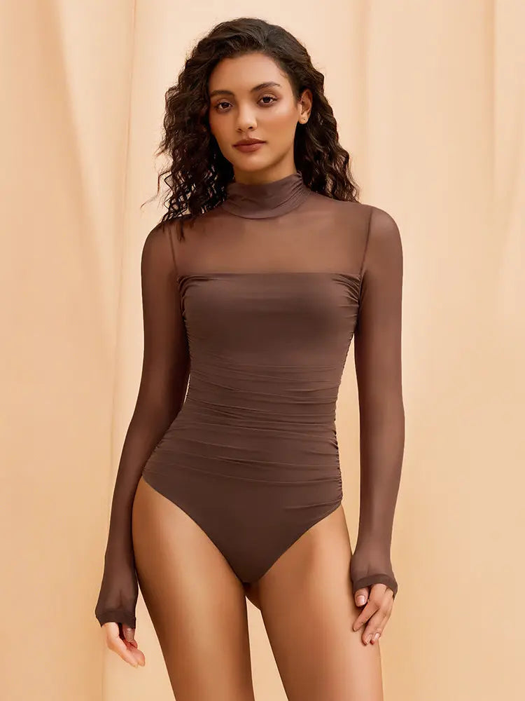 Sheer-Paneled Turtleneck Bodysuit