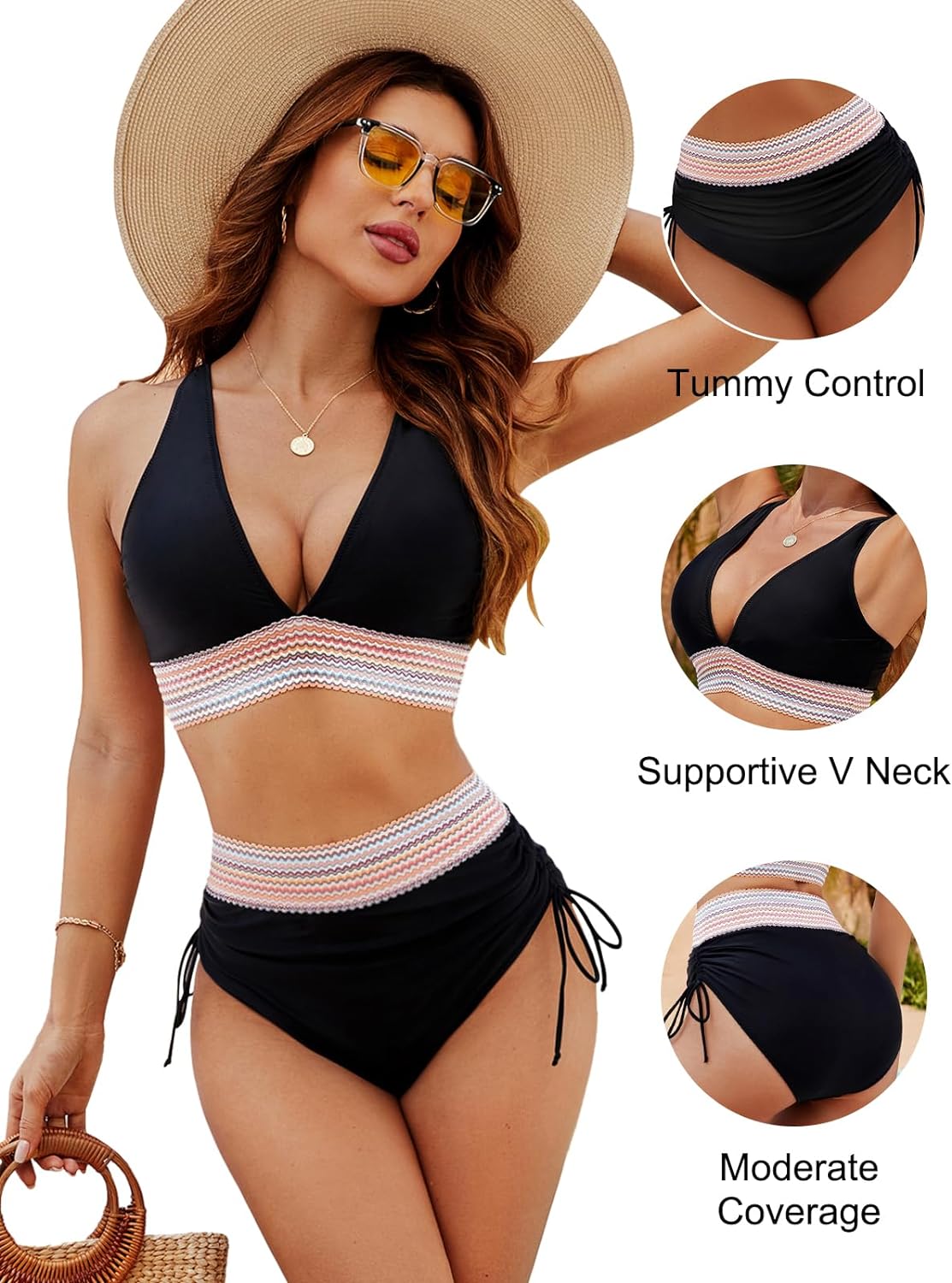 BlissShe®High Waisted Tummy Control Color Block Bikini Sets