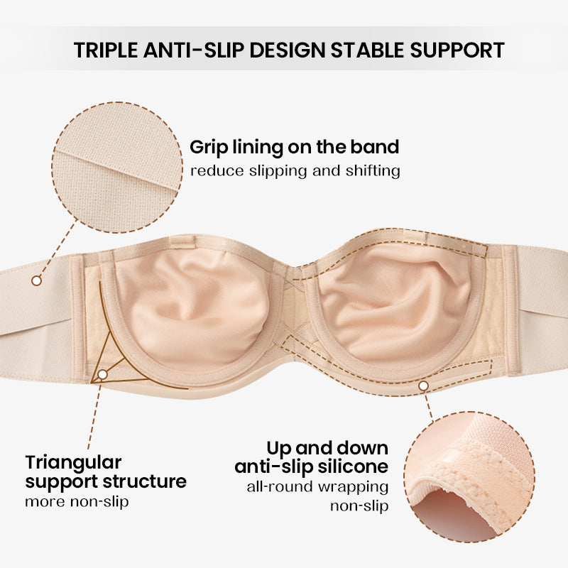 BlissShe® Full Support Non-Slip Convertible Bandeau Bra-Black+Nude