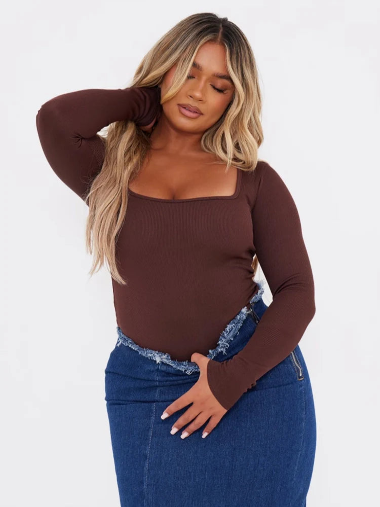 Ribbed Square Neck Long Sleeve Bodysuit