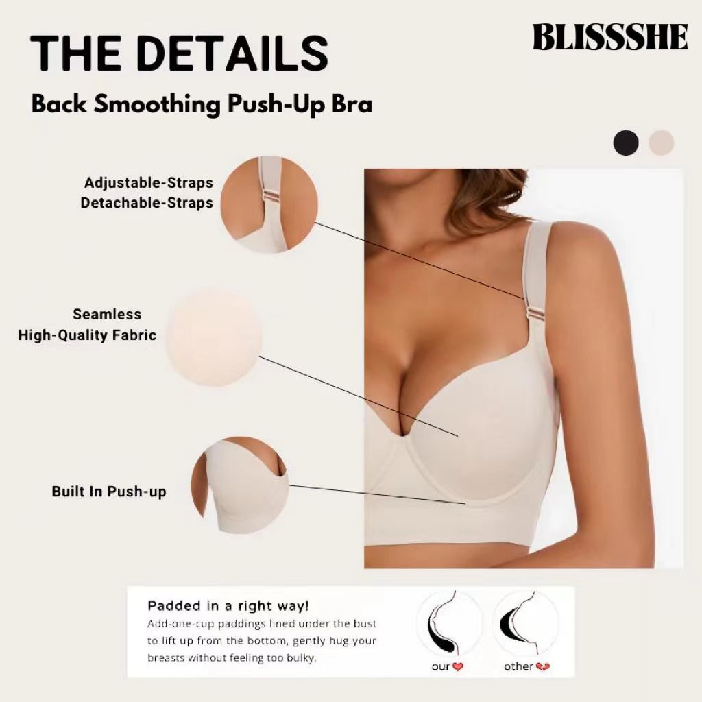 BlissShe® Back Smoothing Push-Up Bra - Black+Beige (2 PCS)