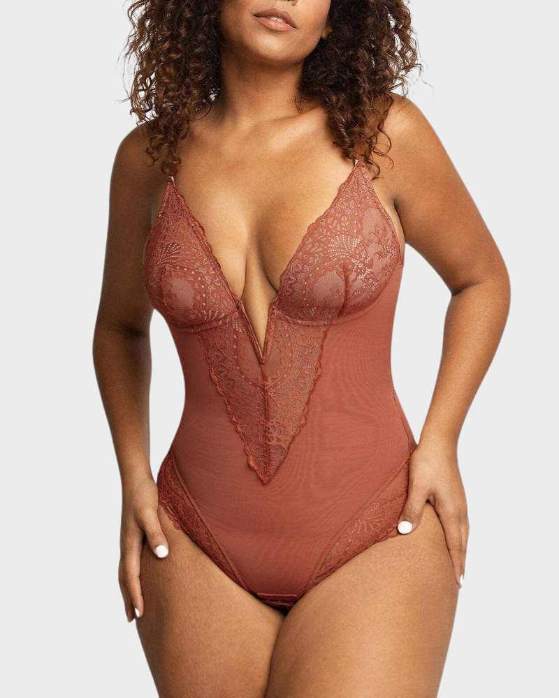 BlissShe® Sexy Lace Deep-V Neck Bodysuit