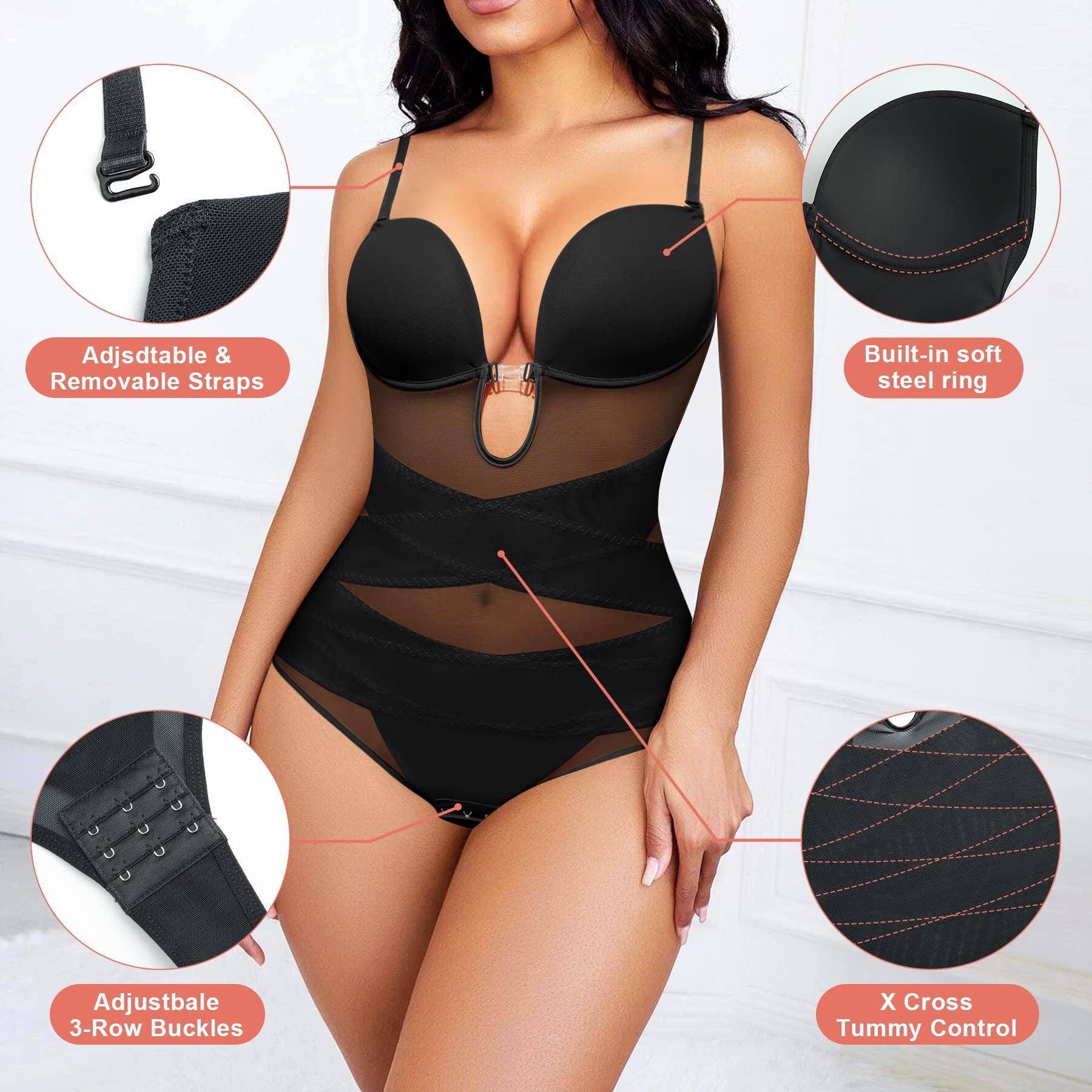 Summer U-shaped built-in soft steel shapewear open breasted, adjustable strap, abdomen cross waist design