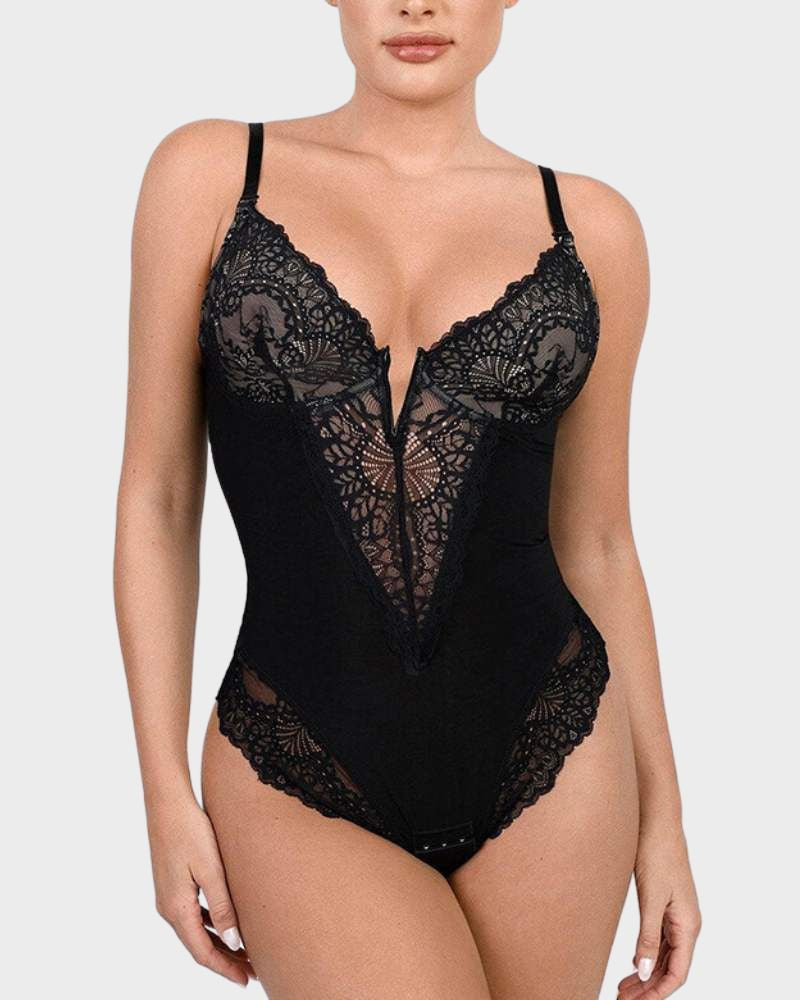 BlissShe® Sexy Lace Deep-V Neck Bodysuit