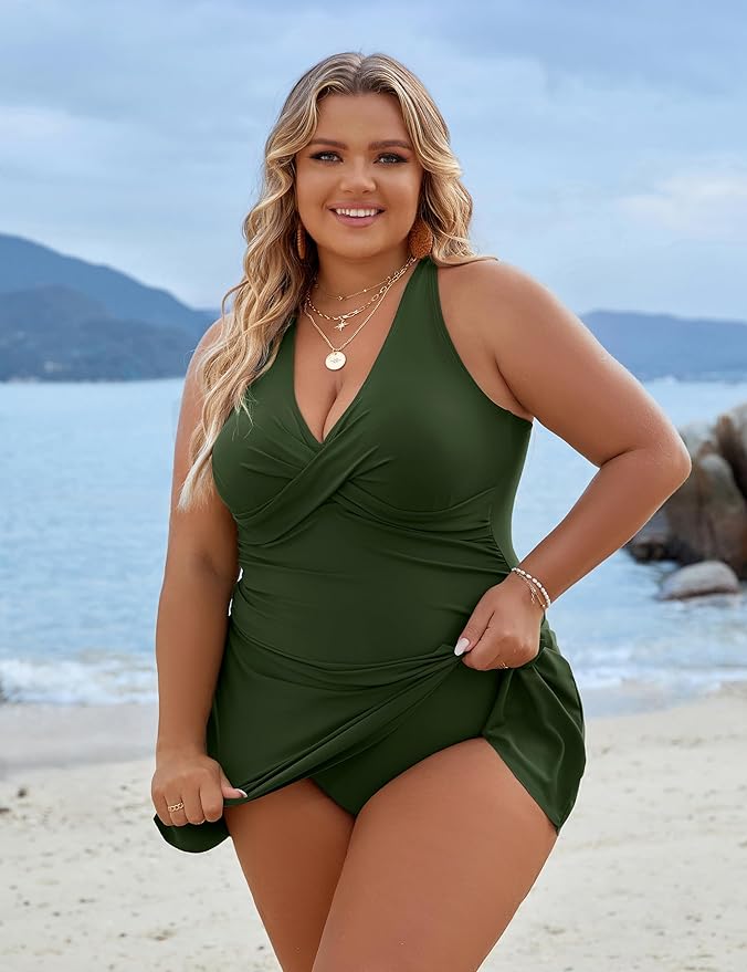 BlissShe® Plus Size One Piece Swim Dress Swimsuit Tummy Control Bathing Suits