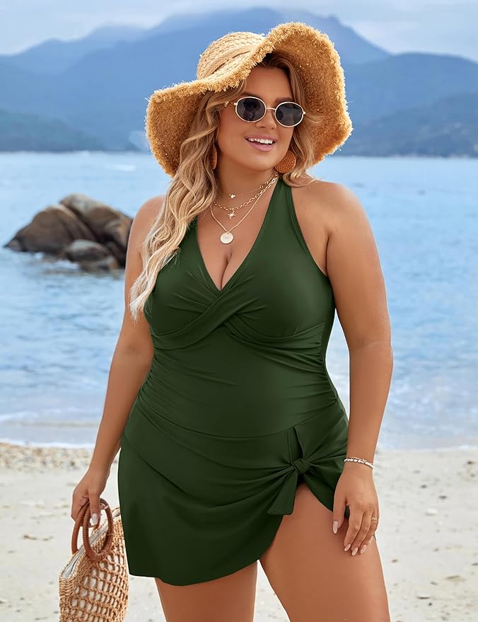 BlissShe® Plus Size One Piece Swim Dress Swimsuit Tummy Control Bathing Suits