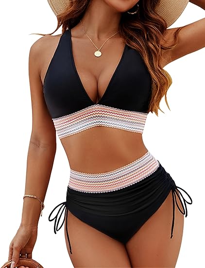 BlissShe®High Waisted Tummy Control Color Block Bikini Sets