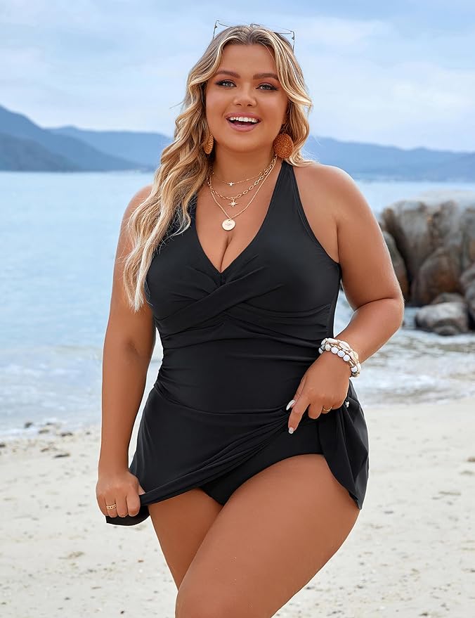 BlissShe® Plus Size One Piece Swim Dress Swimsuit Tummy Control Bathing Suits