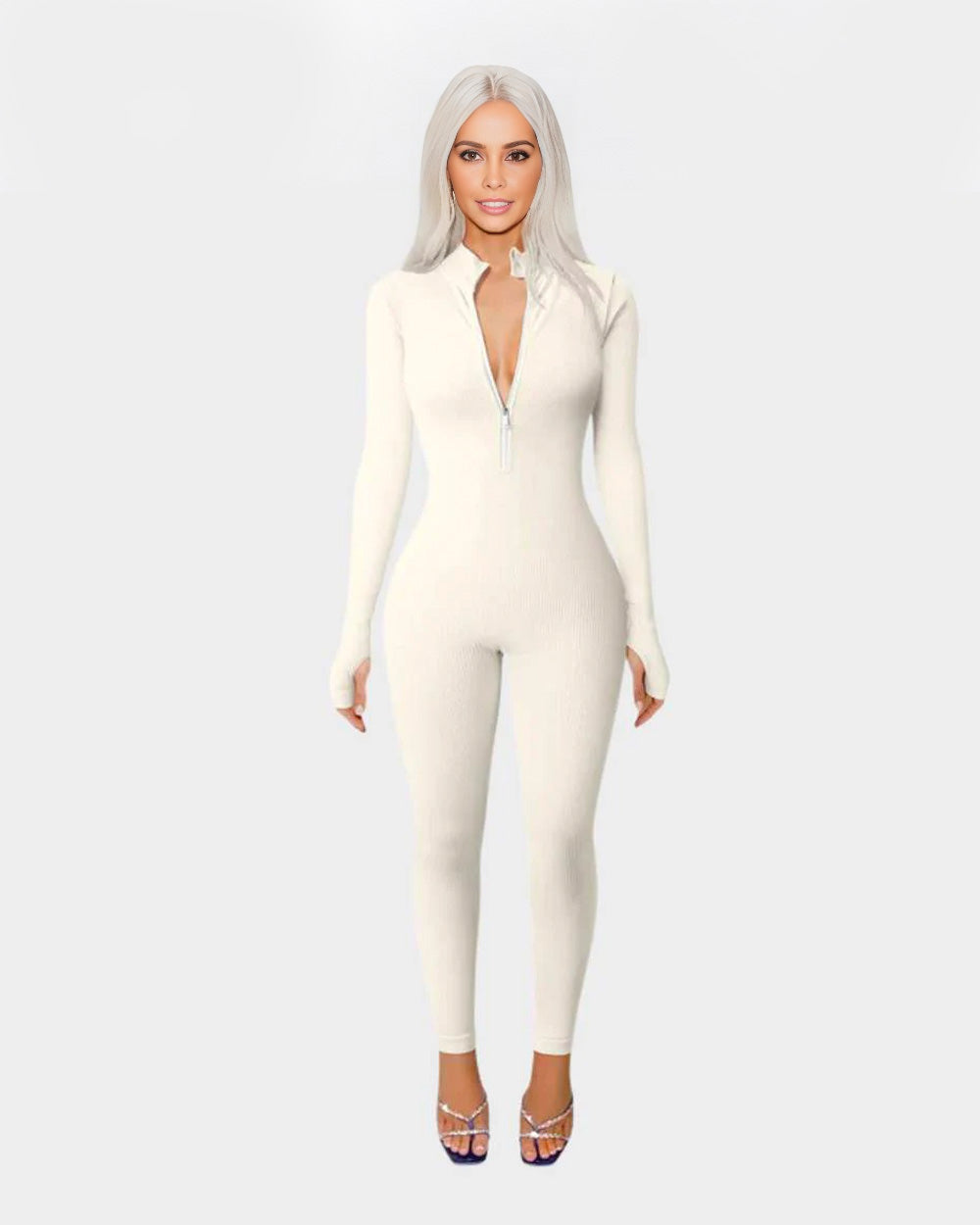 BlissShe® Ribbed Long Sleeve Front Zip Jumpsuit