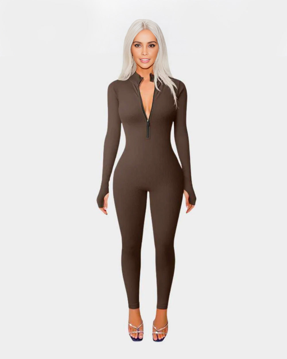 BlissShe® Ribbed Long Sleeve Front Zip Jumpsuit