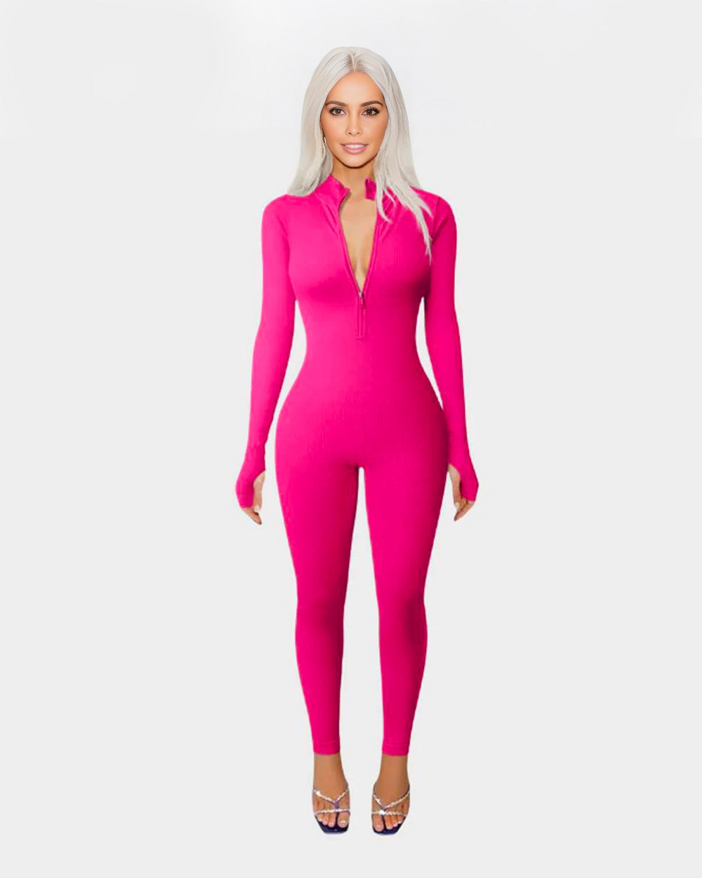 BlissShe® Ribbed Long Sleeve Front Zip Jumpsuit