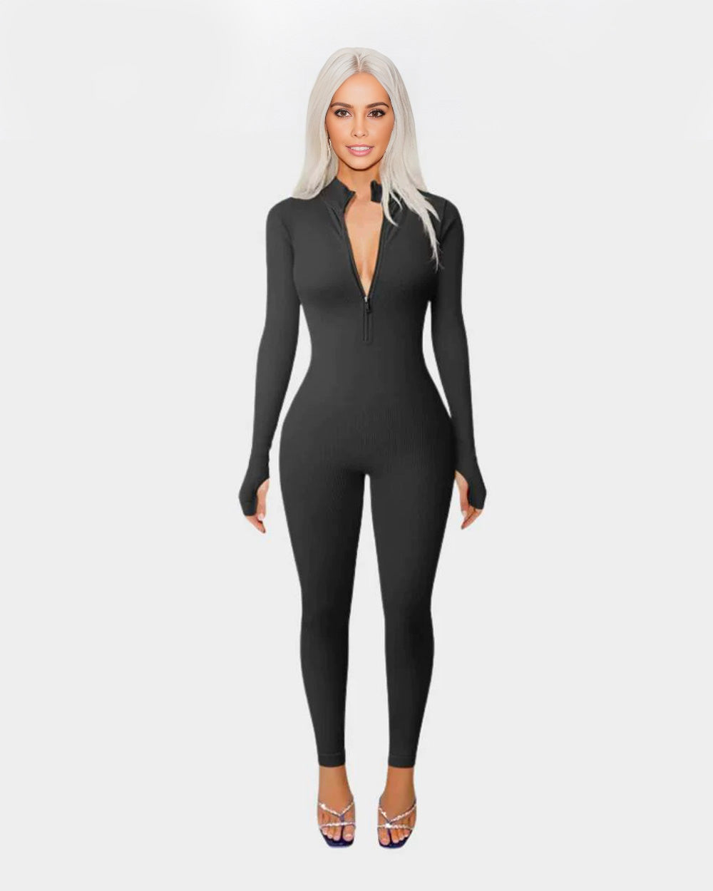 BlissShe® Ribbed Long Sleeve Front Zip Jumpsuit