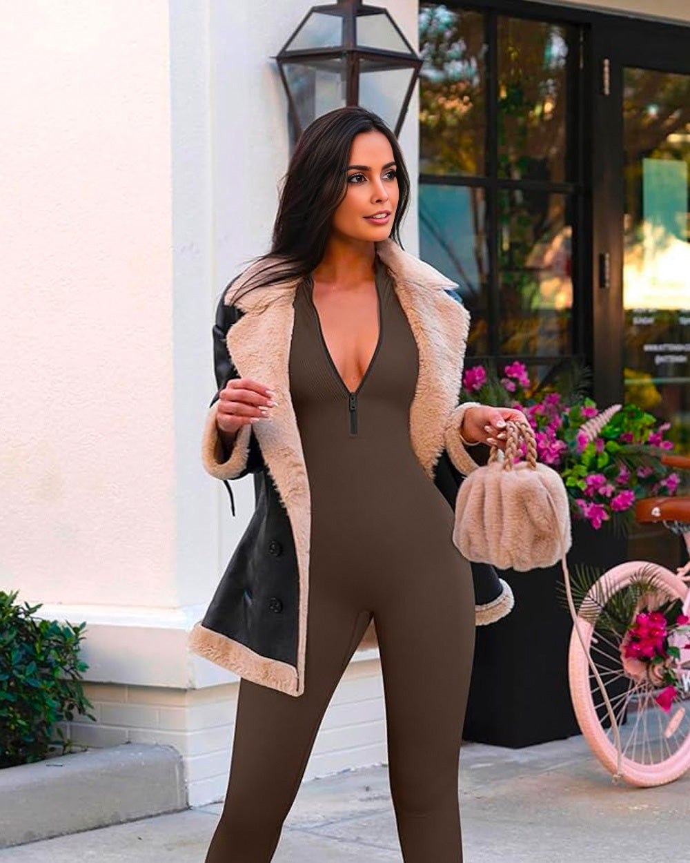 BlissShe® Ribbed Long Sleeve Front Zip Jumpsuit