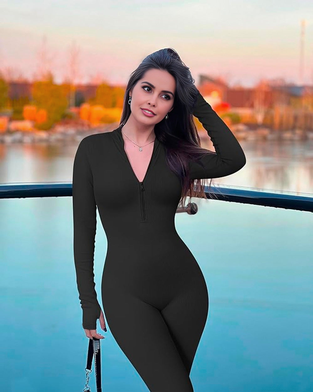 BlissShe® Ribbed Long Sleeve Front Zip Jumpsuit