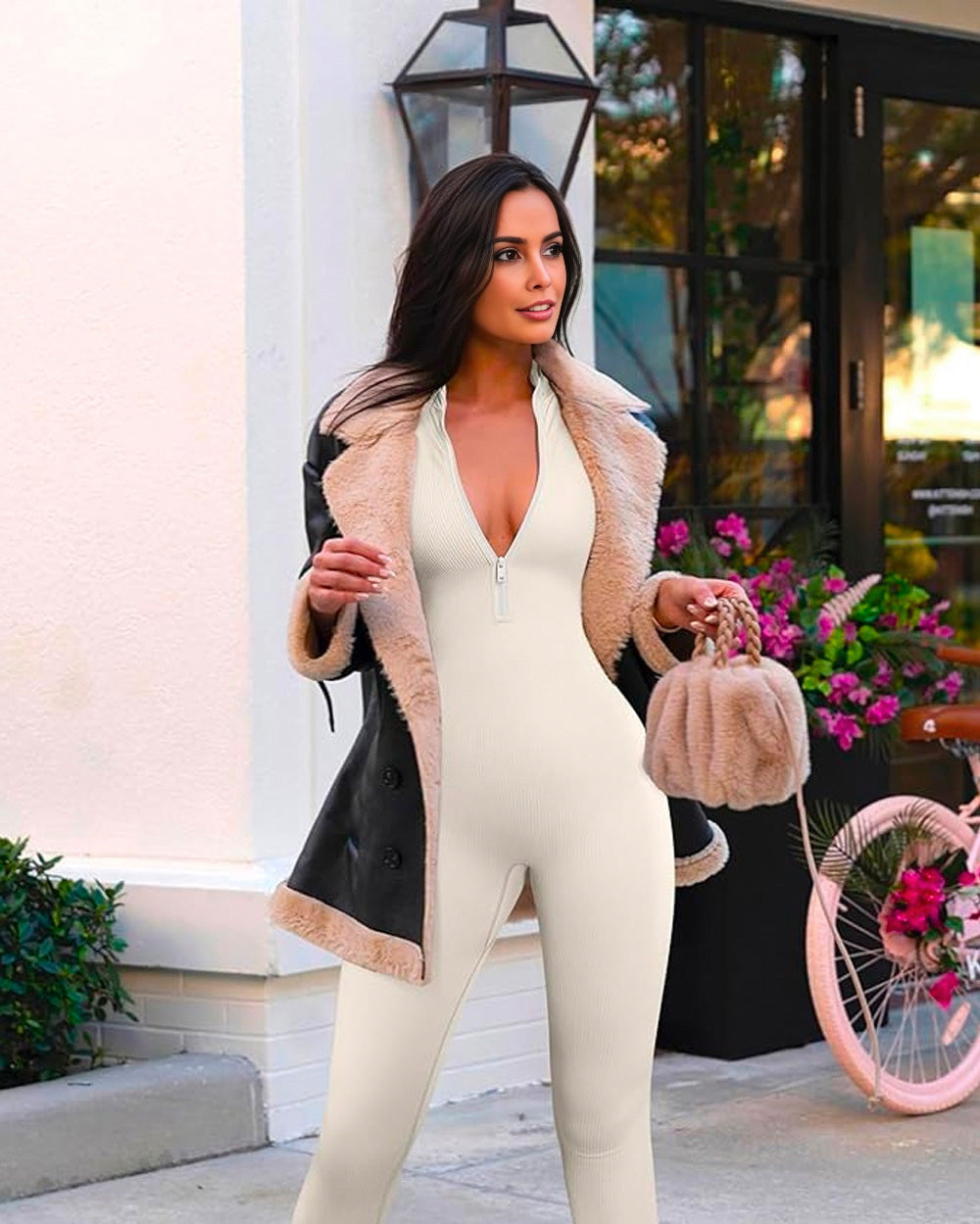 BlissShe® Ribbed Long Sleeve Front Zip Jumpsuit