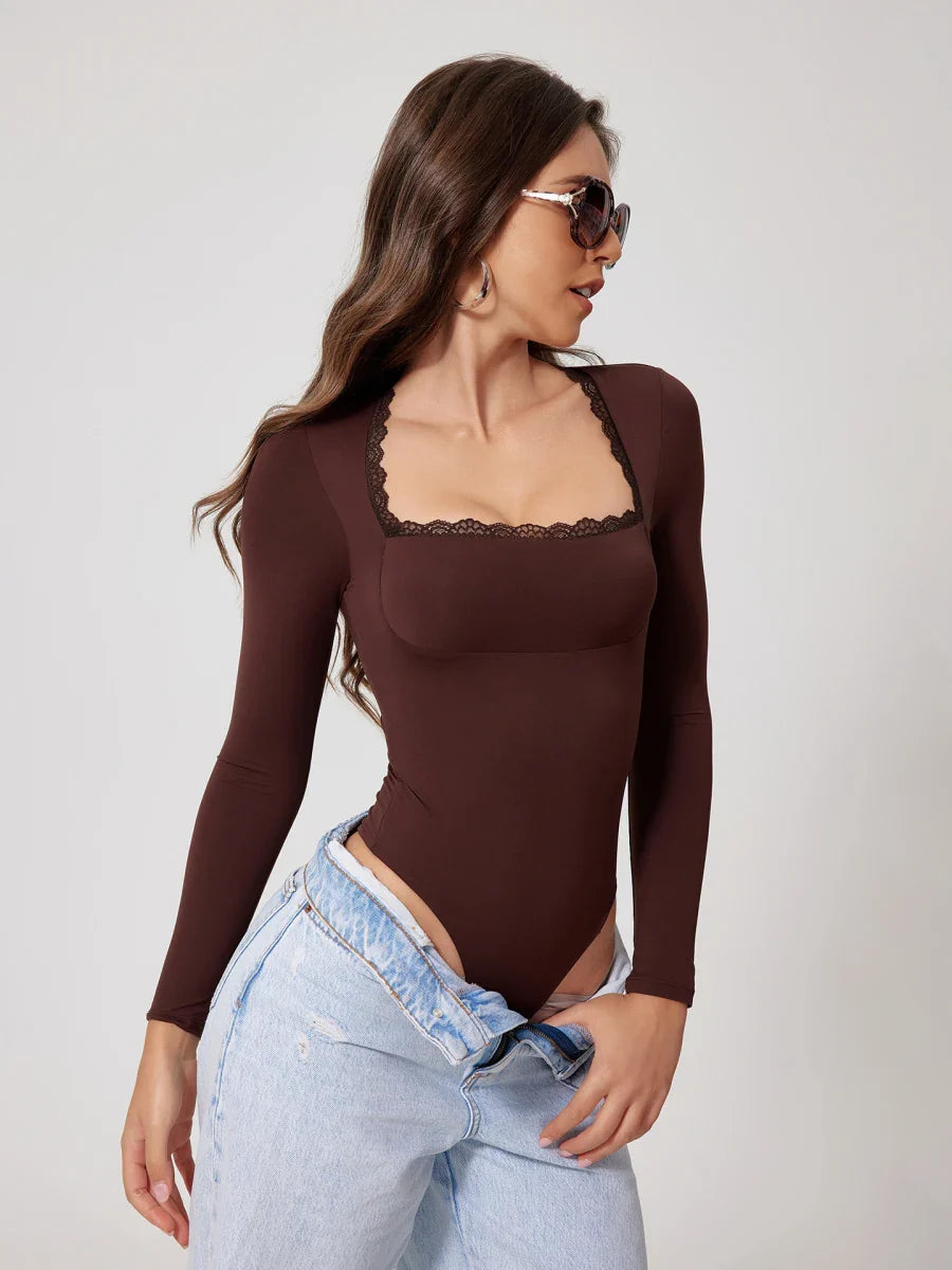 Square Lace Trim Bodysuit