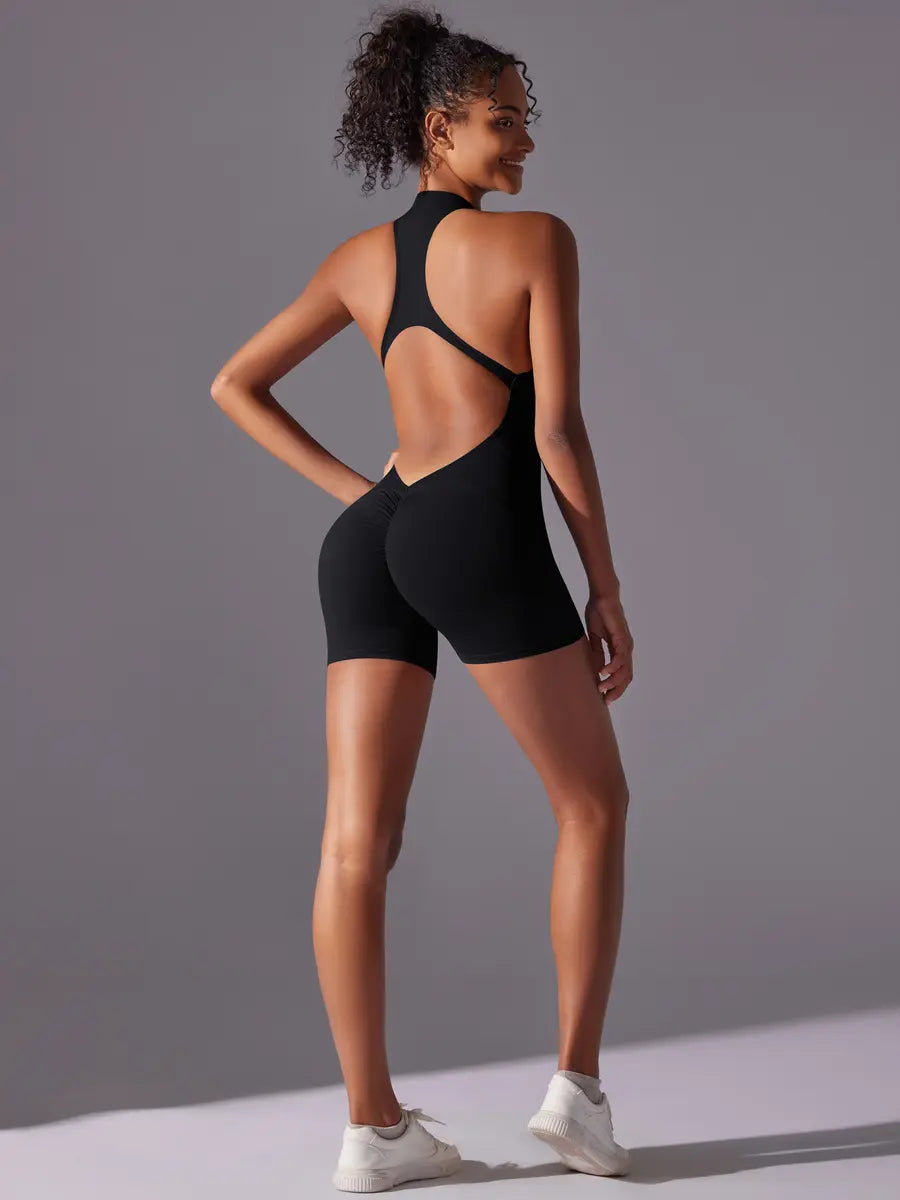 Front Zip Backless Shorts Jumpsuit