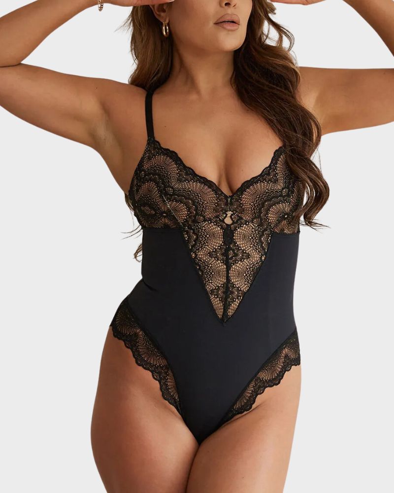 BlissShe® Deep-V Neck Lace Thong Bodysuit