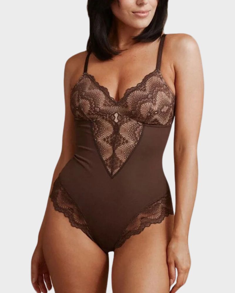 BlissShe® Deep-V Neck Lace Thong Bodysuit