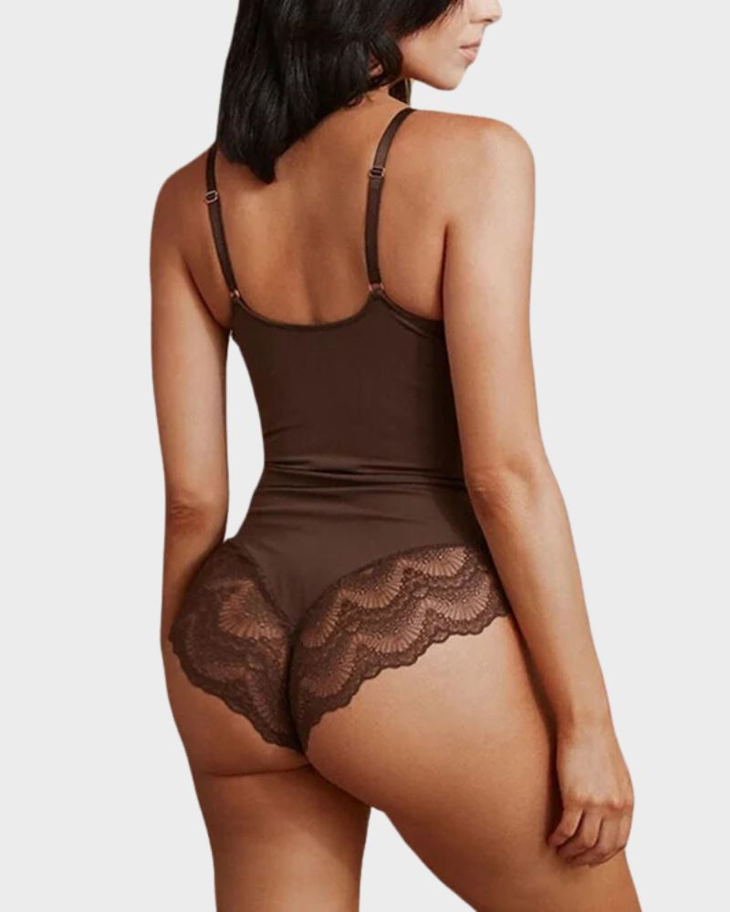 BlissShe® Deep-V Neck Lace Thong Bodysuit