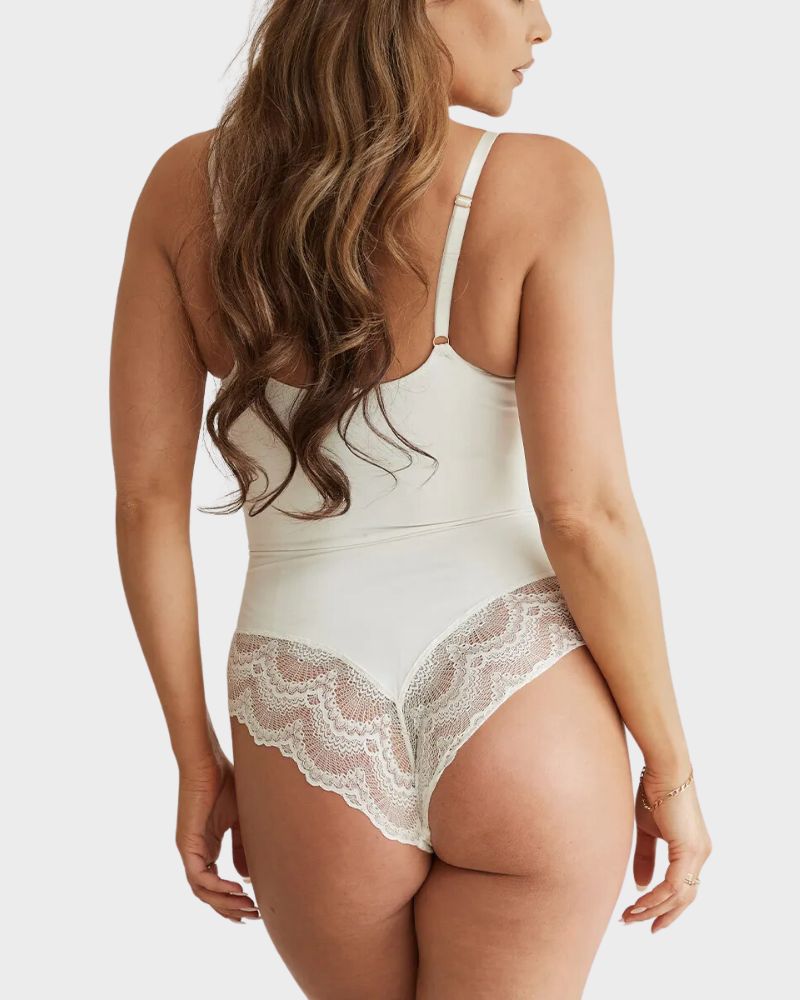 BlissShe® Deep-V Neck Lace Thong Bodysuit