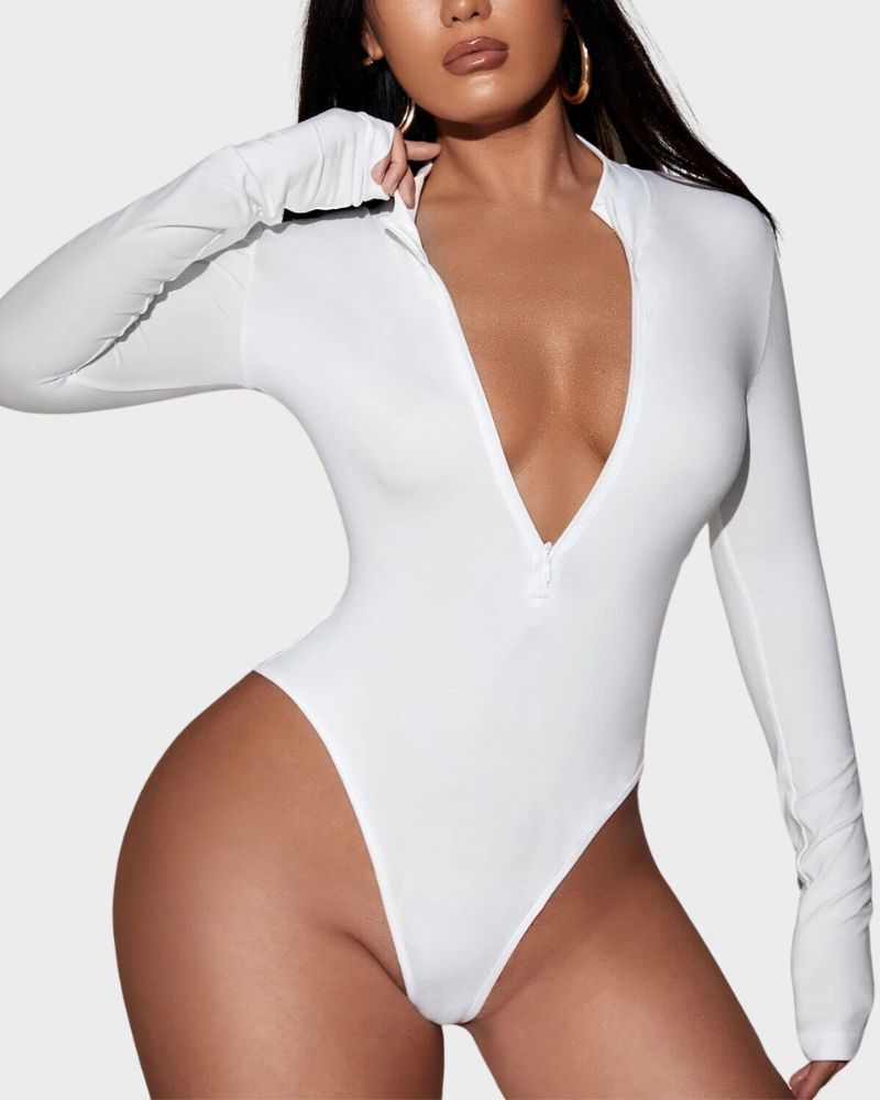 BlissShe® Deep V Long Sleeve Slim Fit Bodysuit