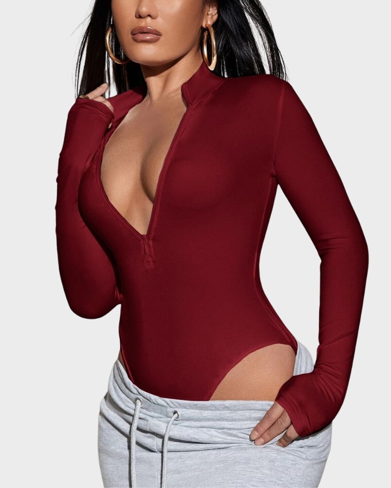 BlissShe® Deep V Long Sleeve Slim Fit Bodysuit