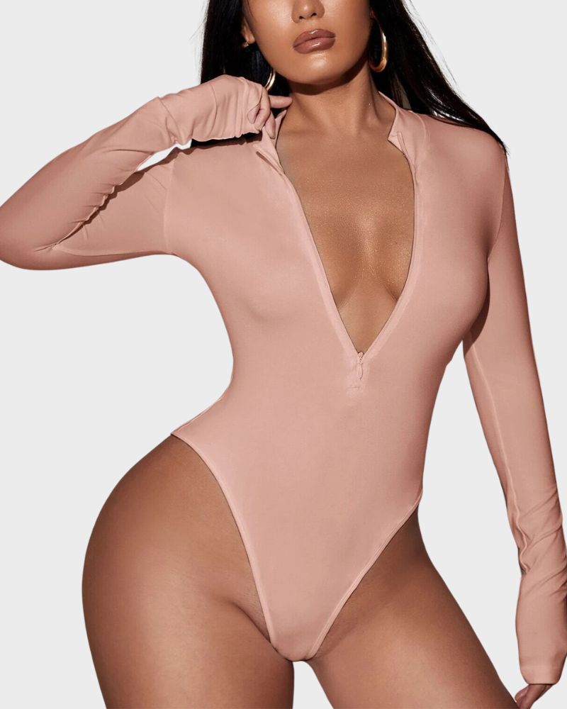 BlissShe® Deep V Long Sleeve Slim Fit Bodysuit