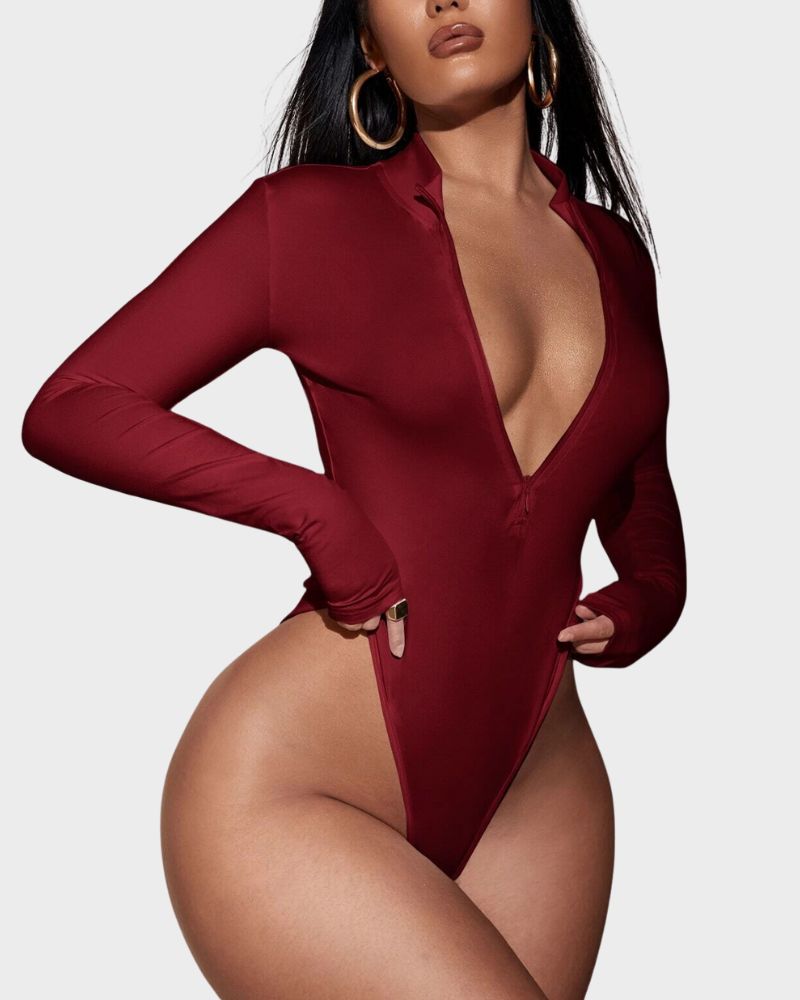 BlissShe® Deep V Long Sleeve Slim Fit Bodysuit