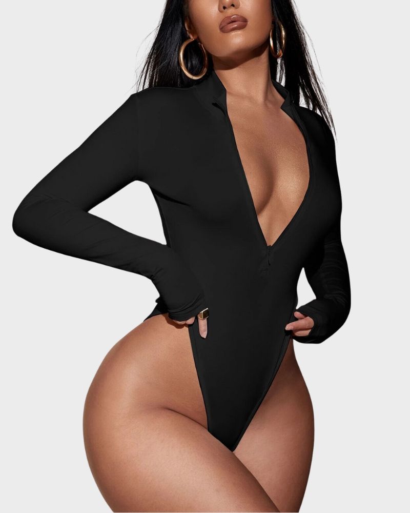 BlissShe® Deep V Long Sleeve Slim Fit Bodysuit