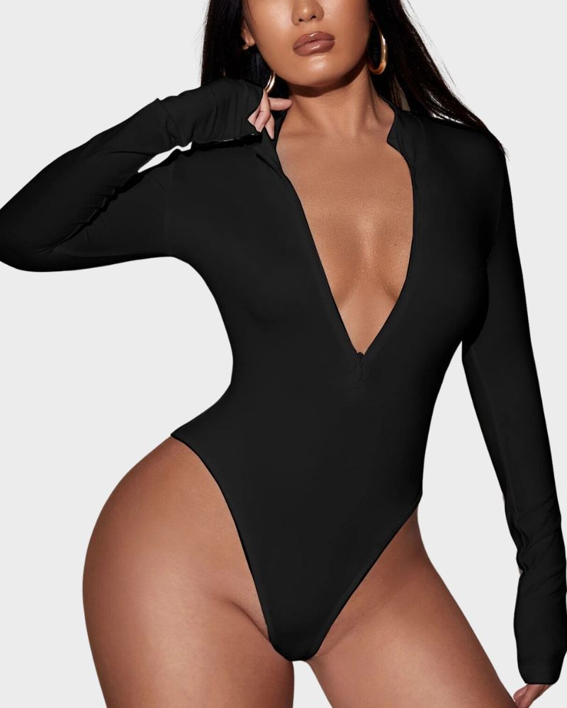 BlissShe® Deep V Long Sleeve Slim Fit Bodysuit