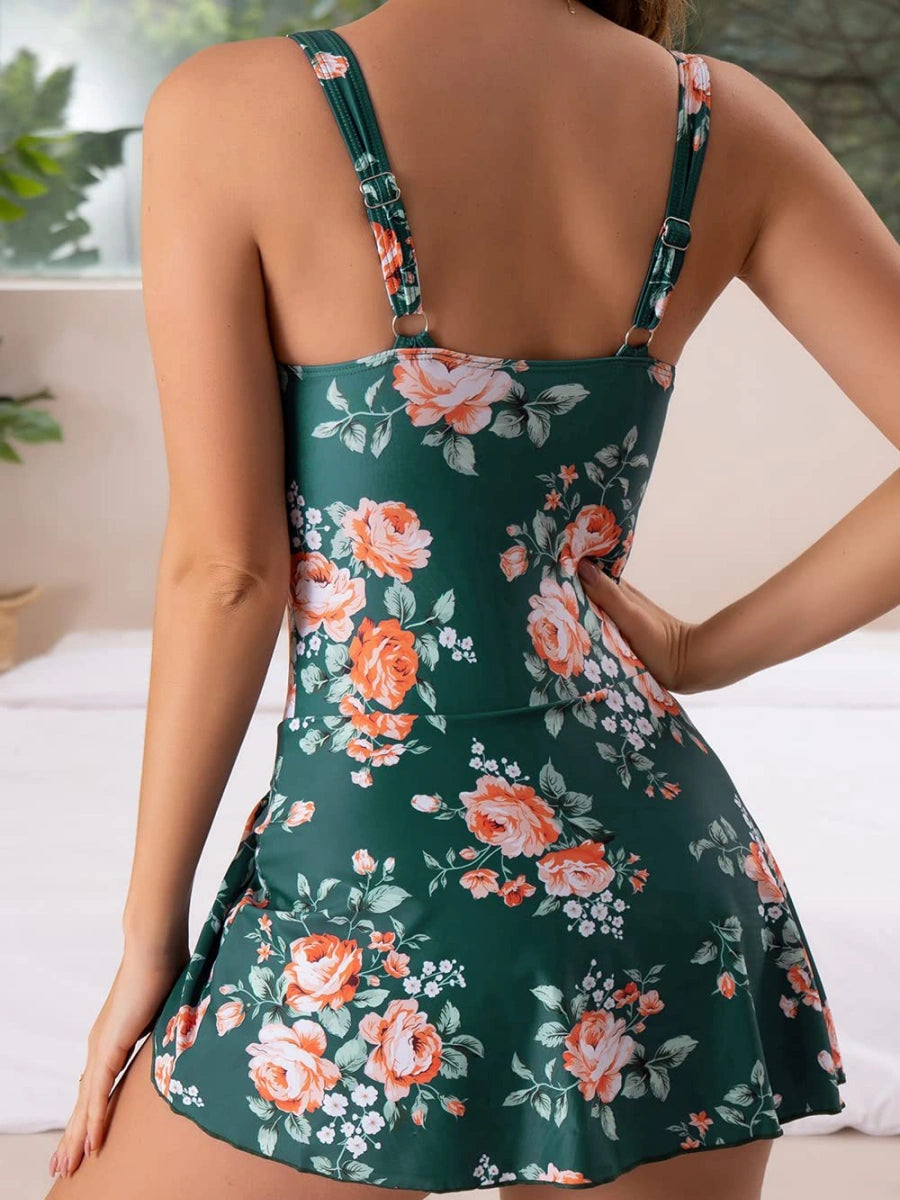 Square Neck Skort Swimsuit with High-Cut Detailing