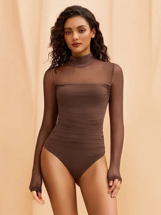 Sheer-Paneled Turtleneck Bodysuit